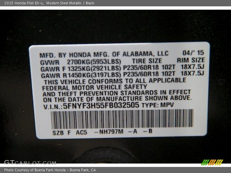 Modern Steel Metallic / Black 2015 Honda Pilot EX-L