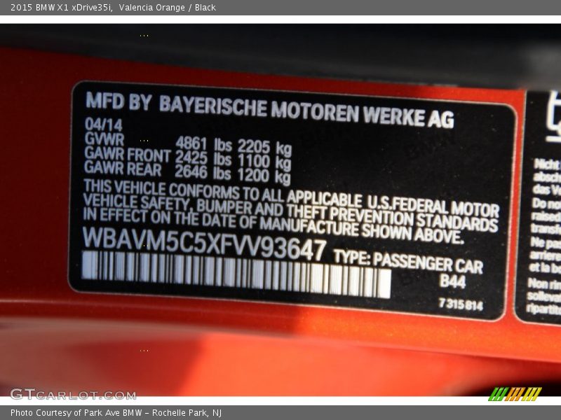 2015 X1 xDrive35i Valencia Orange Color Code B44