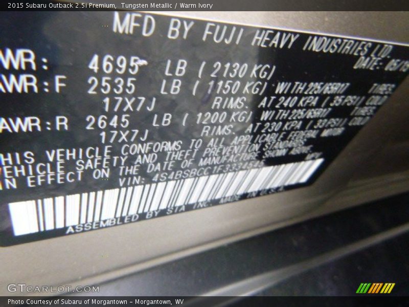 Tungsten Metallic / Warm Ivory 2015 Subaru Outback 2.5i Premium