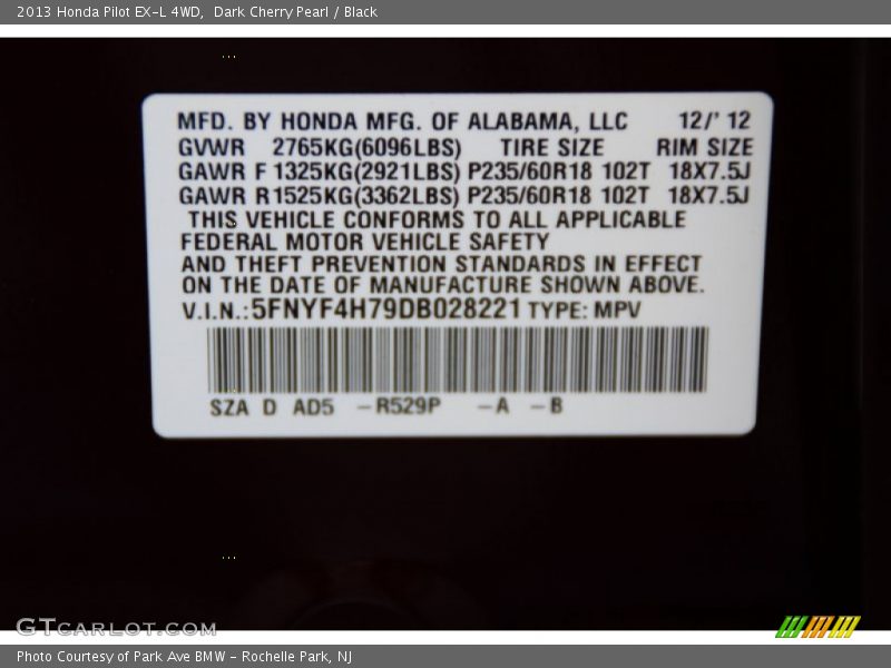 Dark Cherry Pearl / Black 2013 Honda Pilot EX-L 4WD