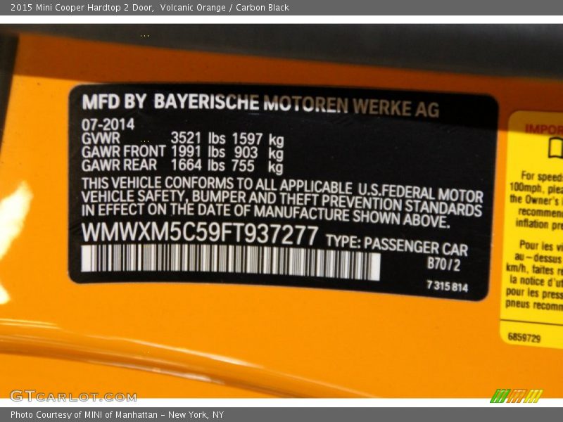 Volcanic Orange / Carbon Black 2015 Mini Cooper Hardtop 2 Door