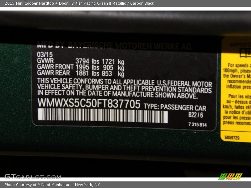 British Racing Green II Metallic / Carbon Black 2015 Mini Cooper Hardtop 4 Door