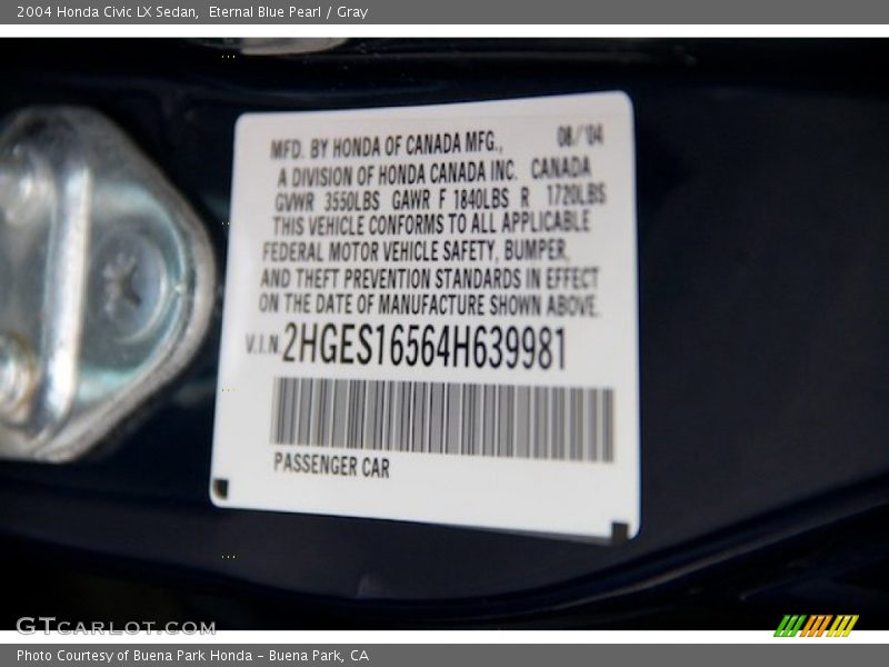 Eternal Blue Pearl / Gray 2004 Honda Civic LX Sedan