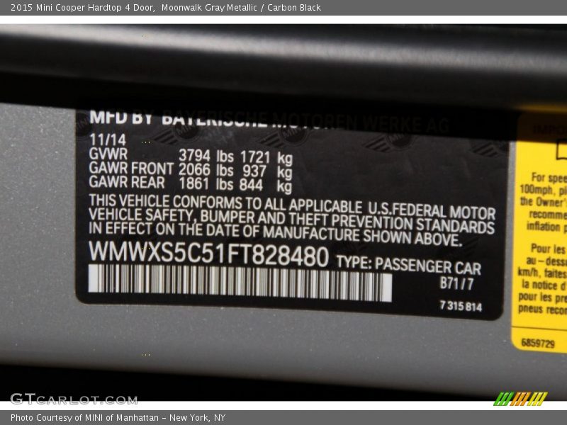 Moonwalk Gray Metallic / Carbon Black 2015 Mini Cooper Hardtop 4 Door