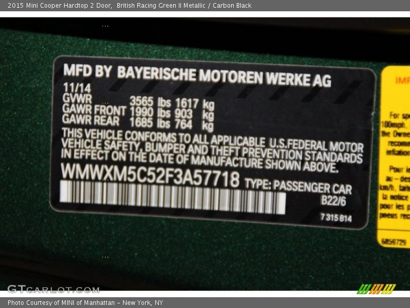 British Racing Green II Metallic / Carbon Black 2015 Mini Cooper Hardtop 2 Door