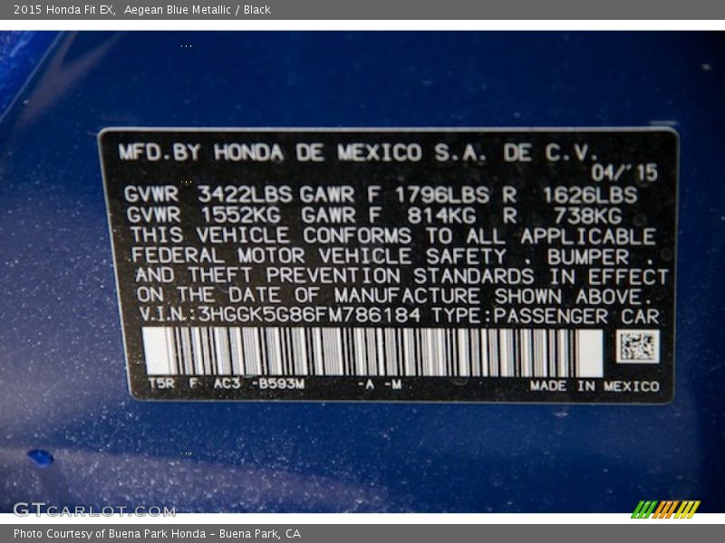 Aegean Blue Metallic / Black 2015 Honda Fit EX