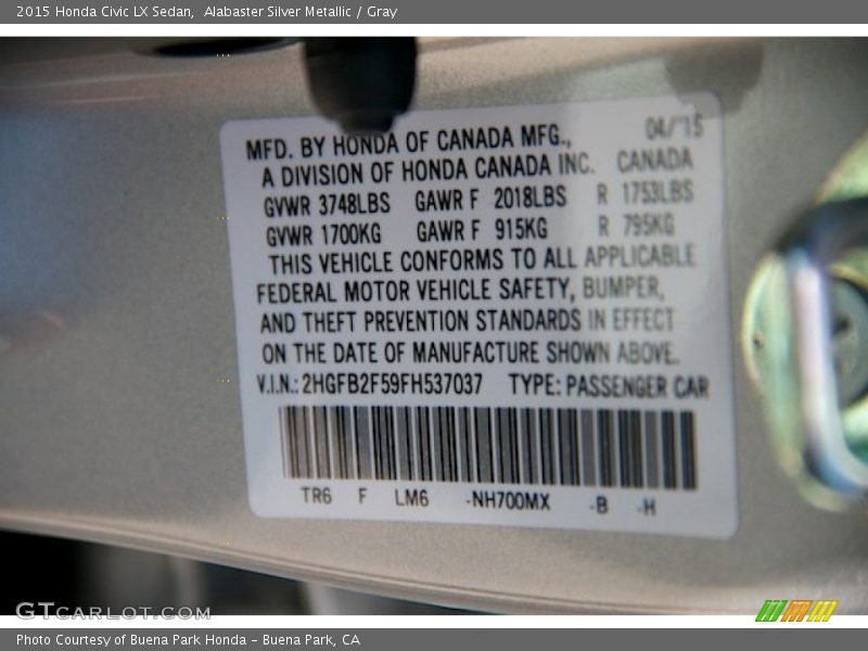 Alabaster Silver Metallic / Gray 2015 Honda Civic LX Sedan