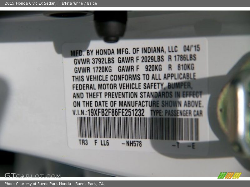 Taffeta White / Beige 2015 Honda Civic EX Sedan