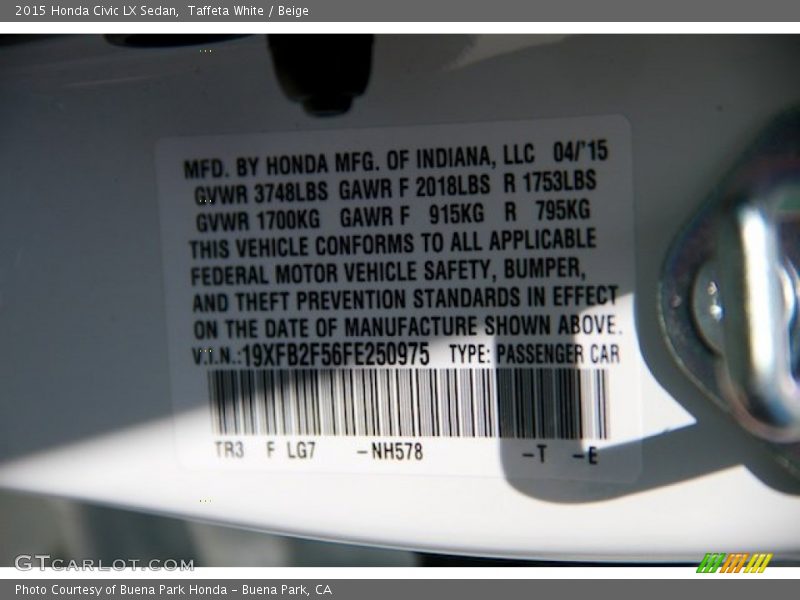 Taffeta White / Beige 2015 Honda Civic LX Sedan