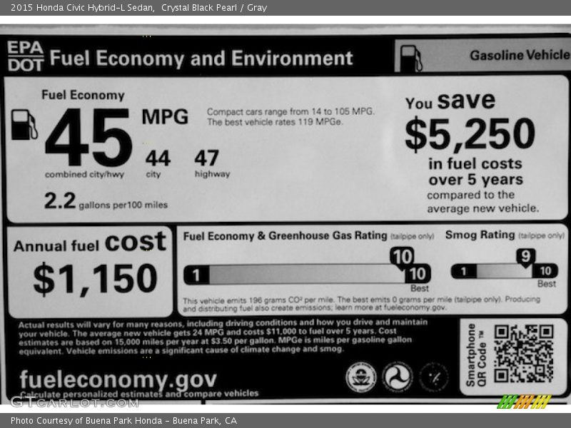 Crystal Black Pearl / Gray 2015 Honda Civic Hybrid-L Sedan