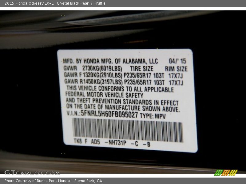 Crystal Black Pearl / Truffle 2015 Honda Odyssey EX-L