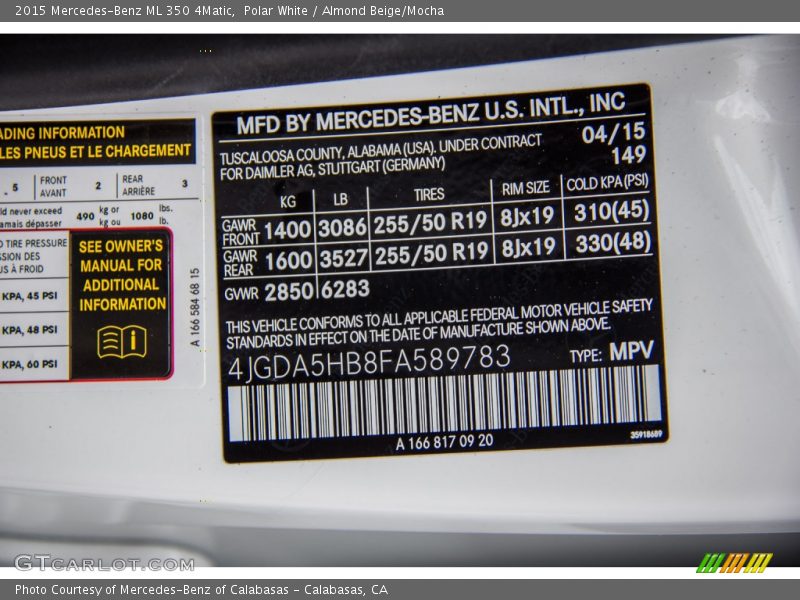 Polar White / Almond Beige/Mocha 2015 Mercedes-Benz ML 350 4Matic