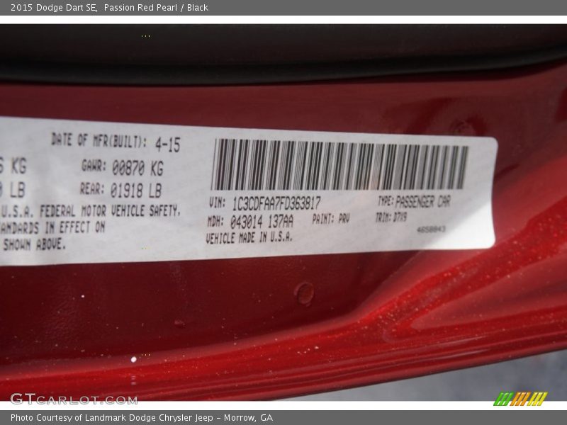 Passion Red Pearl / Black 2015 Dodge Dart SE