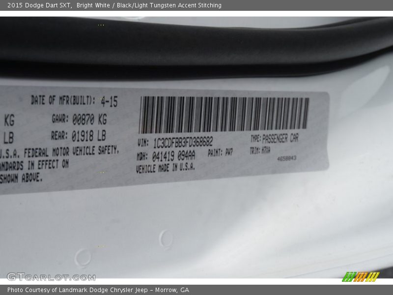 Bright White / Black/Light Tungsten Accent Stitching 2015 Dodge Dart SXT