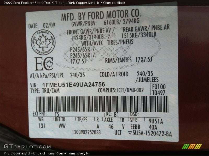 Dark Copper Metallic / Charcoal Black 2009 Ford Explorer Sport Trac XLT 4x4