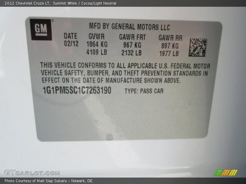 Summit White / Cocoa/Light Neutral 2012 Chevrolet Cruze LT