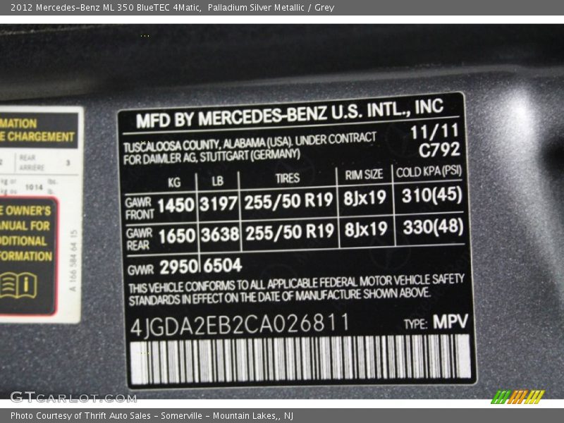 Palladium Silver Metallic / Grey 2012 Mercedes-Benz ML 350 BlueTEC 4Matic