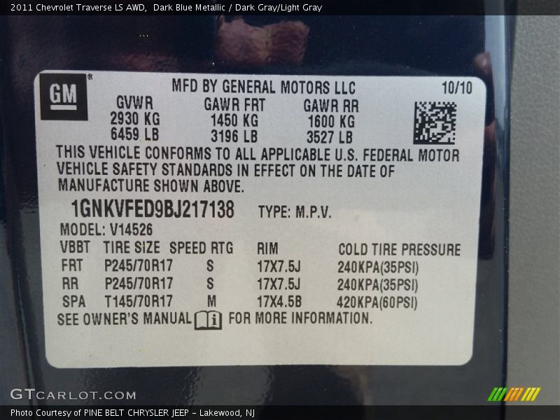 Dark Blue Metallic / Dark Gray/Light Gray 2011 Chevrolet Traverse LS AWD