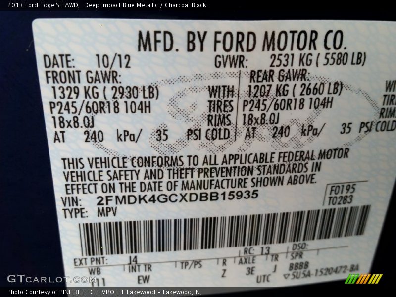 Deep Impact Blue Metallic / Charcoal Black 2013 Ford Edge SE AWD