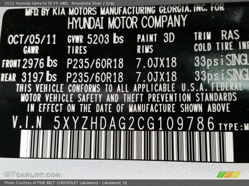 Moonstone Silver / Gray 2012 Hyundai Santa Fe SE V6 AWD