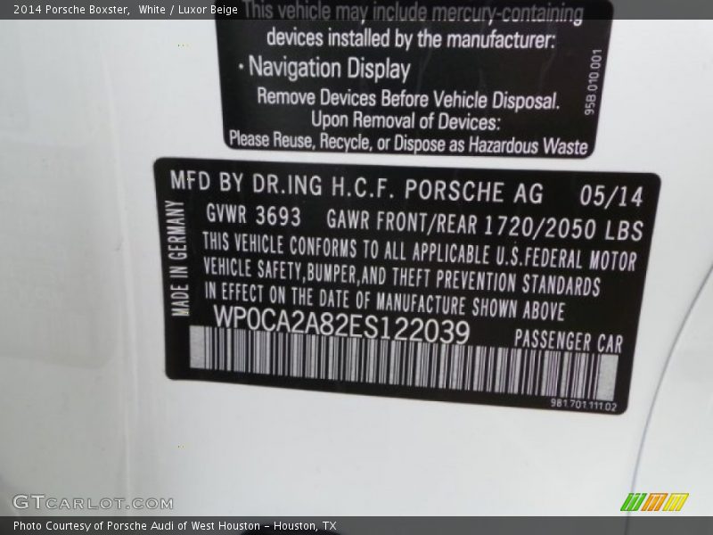 White / Luxor Beige 2014 Porsche Boxster