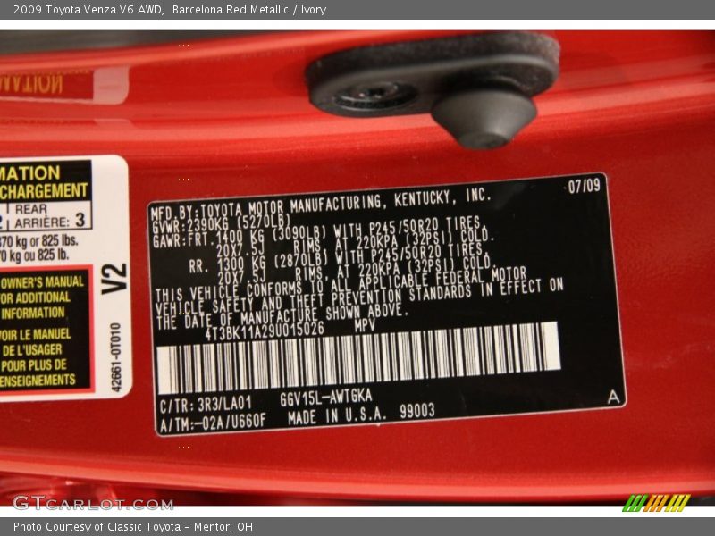 Barcelona Red Metallic / Ivory 2009 Toyota Venza V6 AWD