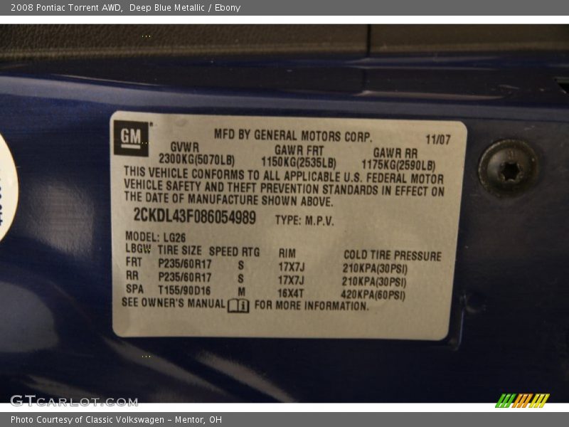 Deep Blue Metallic / Ebony 2008 Pontiac Torrent AWD