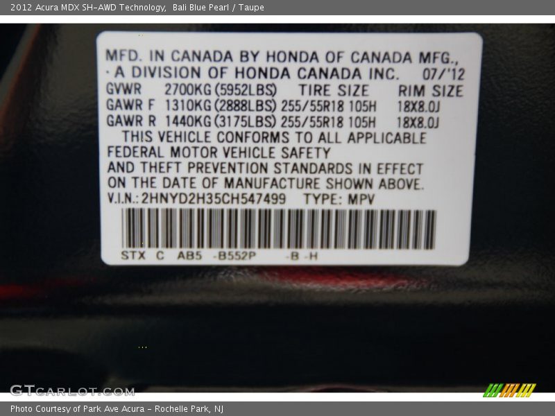 Bali Blue Pearl / Taupe 2012 Acura MDX SH-AWD Technology
