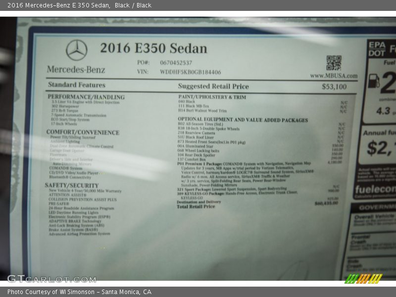  2016 E 350 Sedan Window Sticker