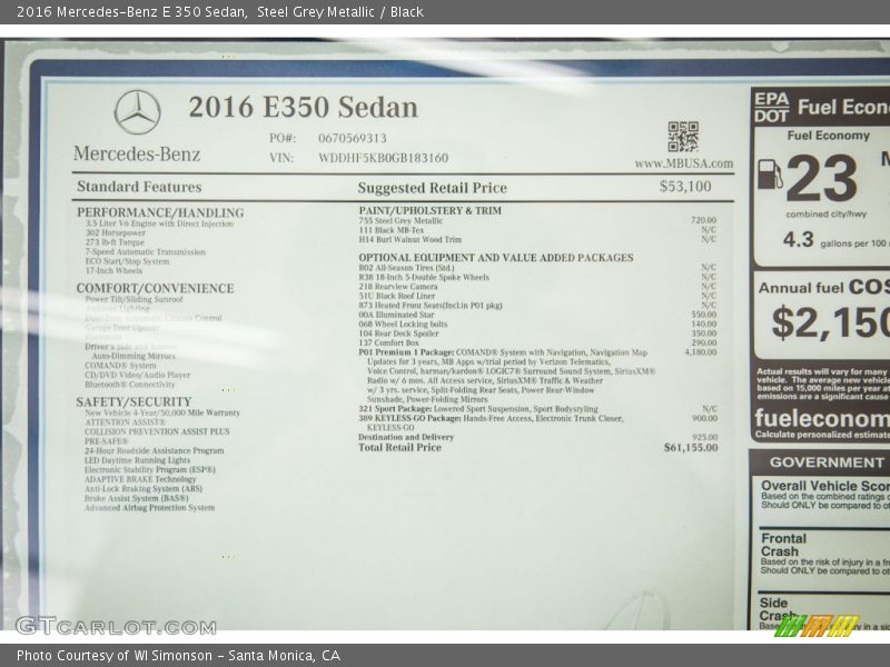 Steel Grey Metallic / Black 2016 Mercedes-Benz E 350 Sedan