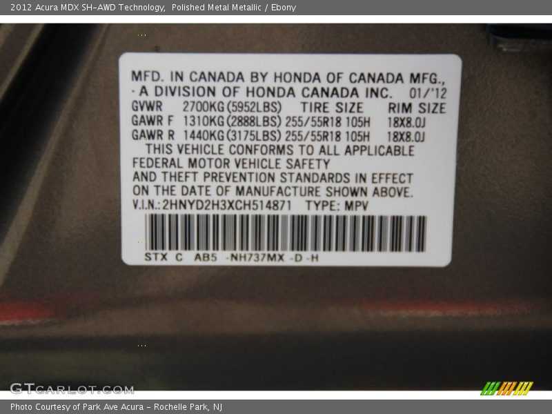 Polished Metal Metallic / Ebony 2012 Acura MDX SH-AWD Technology