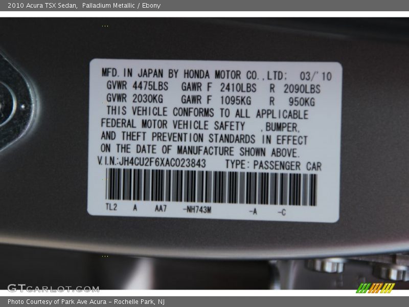 Palladium Metallic / Ebony 2010 Acura TSX Sedan