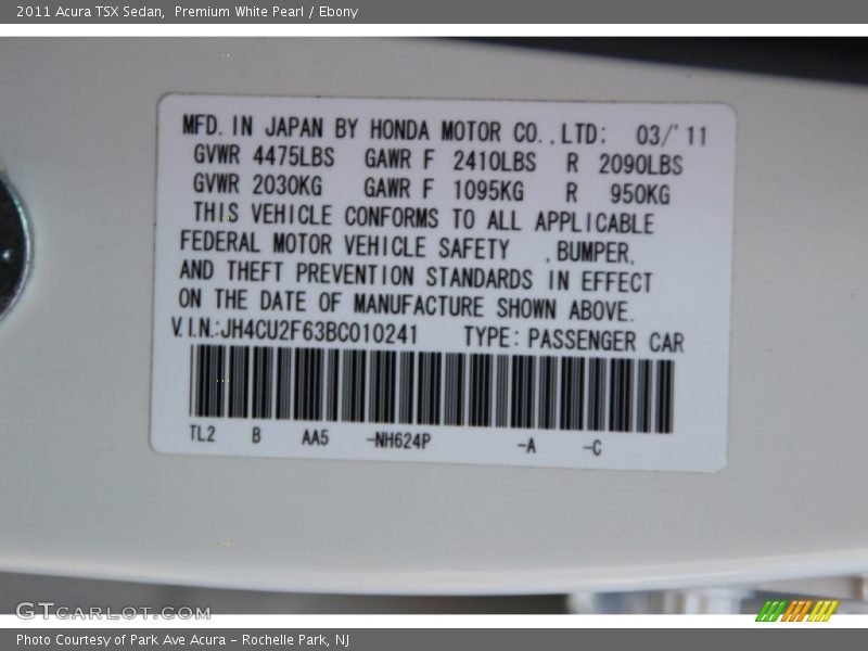 Premium White Pearl / Ebony 2011 Acura TSX Sedan