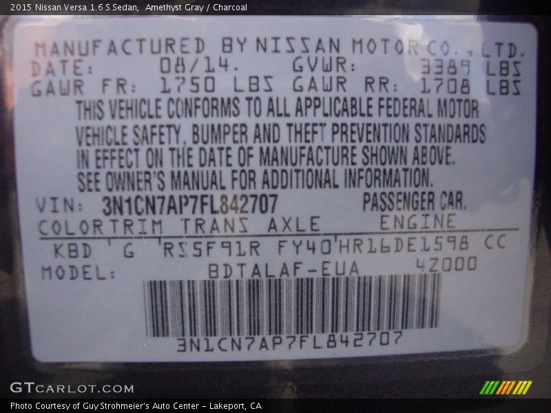 Amethyst Gray / Charcoal 2015 Nissan Versa 1.6 S Sedan