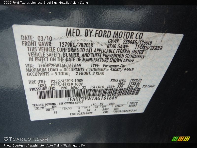 Steel Blue Metallic / Light Stone 2010 Ford Taurus Limited