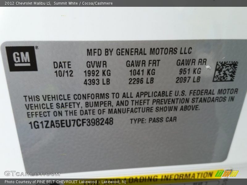 Summit White / Cocoa/Cashmere 2012 Chevrolet Malibu LS