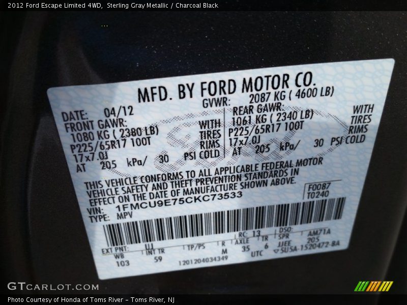 Sterling Gray Metallic / Charcoal Black 2012 Ford Escape Limited 4WD