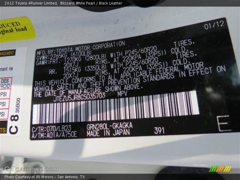 Blizzard White Pearl / Black Leather 2012 Toyota 4Runner Limited