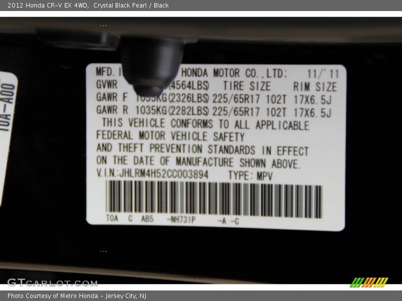 Crystal Black Pearl / Black 2012 Honda CR-V EX 4WD