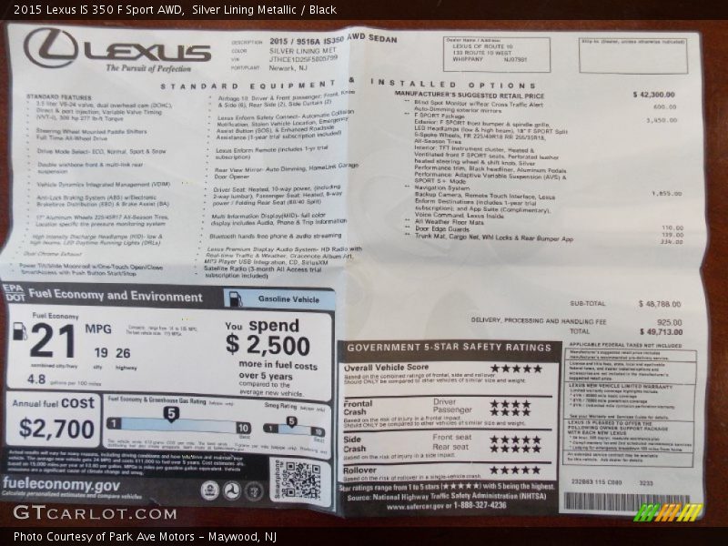  2015 IS 350 F Sport AWD Window Sticker