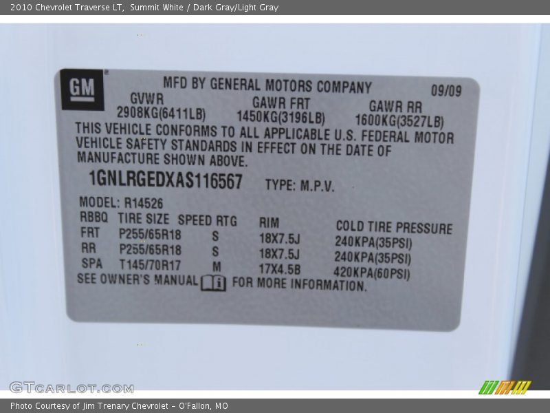 Summit White / Dark Gray/Light Gray 2010 Chevrolet Traverse LT