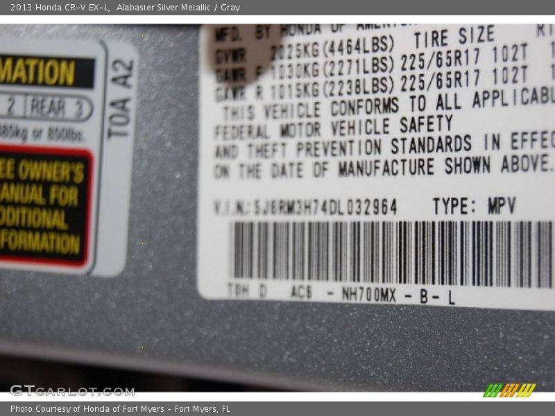 Alabaster Silver Metallic / Gray 2013 Honda CR-V EX-L