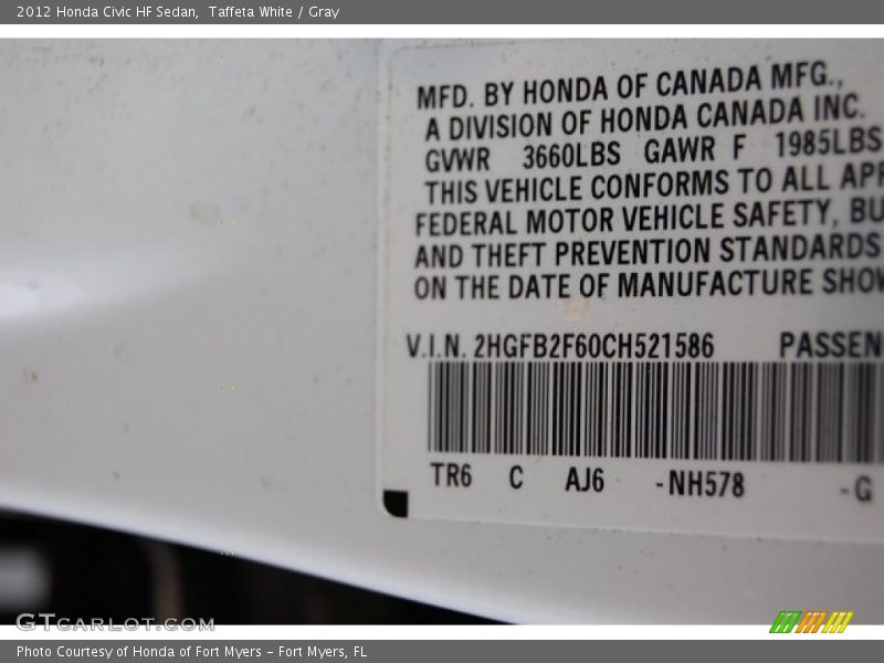 Taffeta White / Gray 2012 Honda Civic HF Sedan