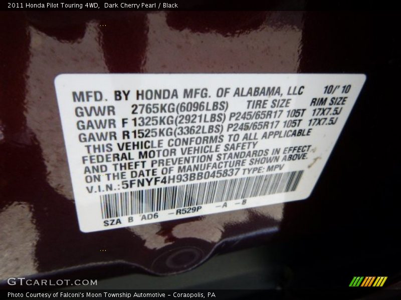 Dark Cherry Pearl / Black 2011 Honda Pilot Touring 4WD