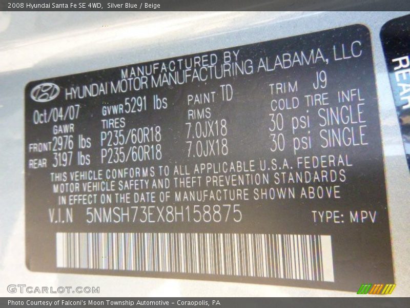 Silver Blue / Beige 2008 Hyundai Santa Fe SE 4WD