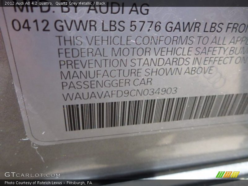 Quartz Grey Metallic / Black 2012 Audi A8 4.2 quattro