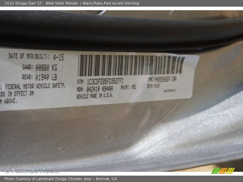 Billet Silver Metallic / Black/Ruby Red Accent Stitching 2015 Dodge Dart GT