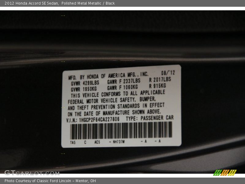 Polished Metal Metallic / Black 2012 Honda Accord SE Sedan