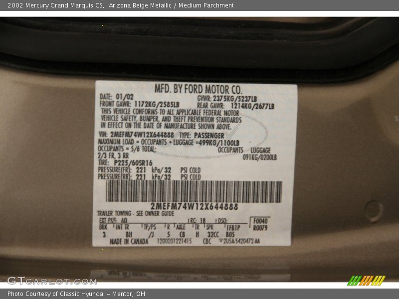 Arizona Beige Metallic / Medium Parchment 2002 Mercury Grand Marquis GS
