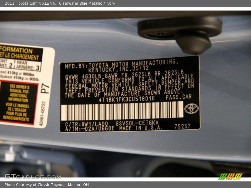 Clearwater Blue Metallic / Ivory 2012 Toyota Camry XLE V6